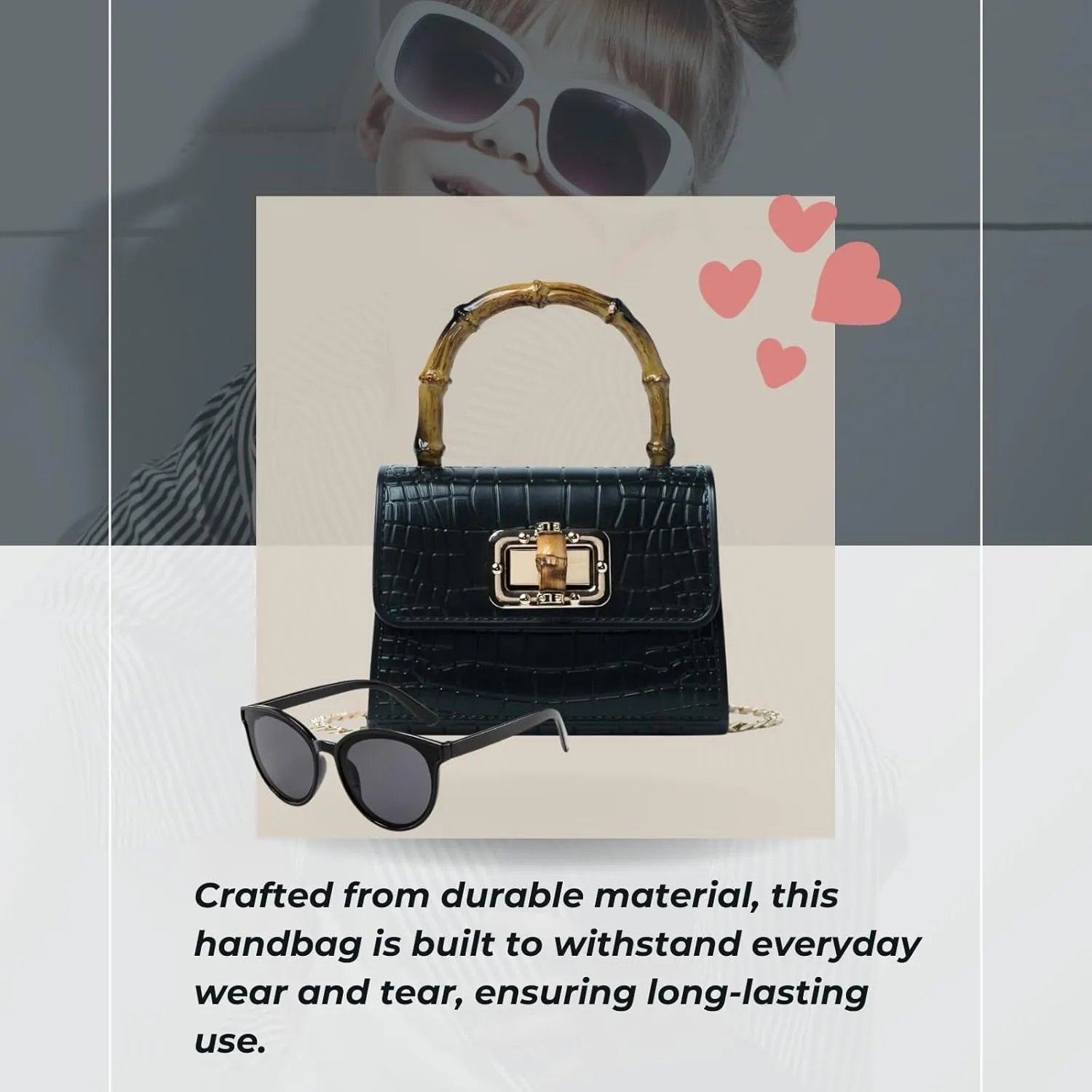 Mini Bamboo Handle Kids Purse: Crocodile Leather Pattern Toddler Handbag, Multiple Colour, with Sunglasses Option