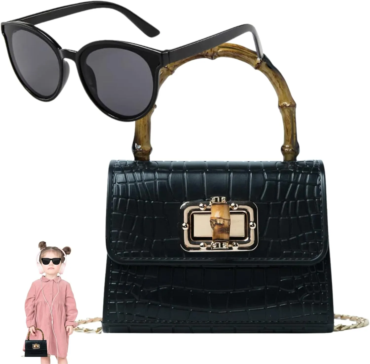 Mini Bamboo Handle Kids Purse: Crocodile Leather Pattern Toddler Handbag, Multiple Colour, with Sunglasses Option