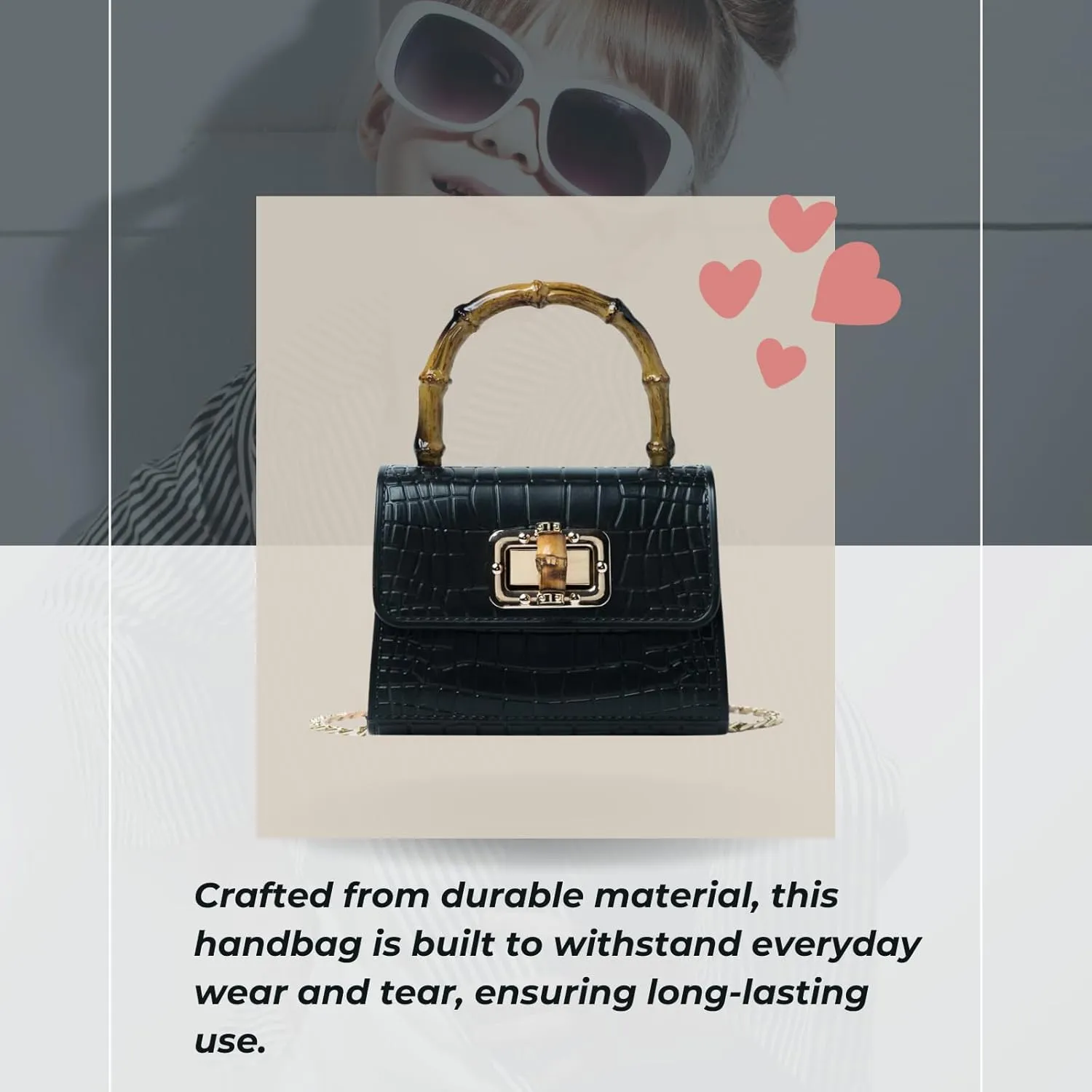 Mini Bamboo Handle Kids Purse: Crocodile Leather Pattern Toddler Handbag, Multiple Colour, with Sunglasses Option