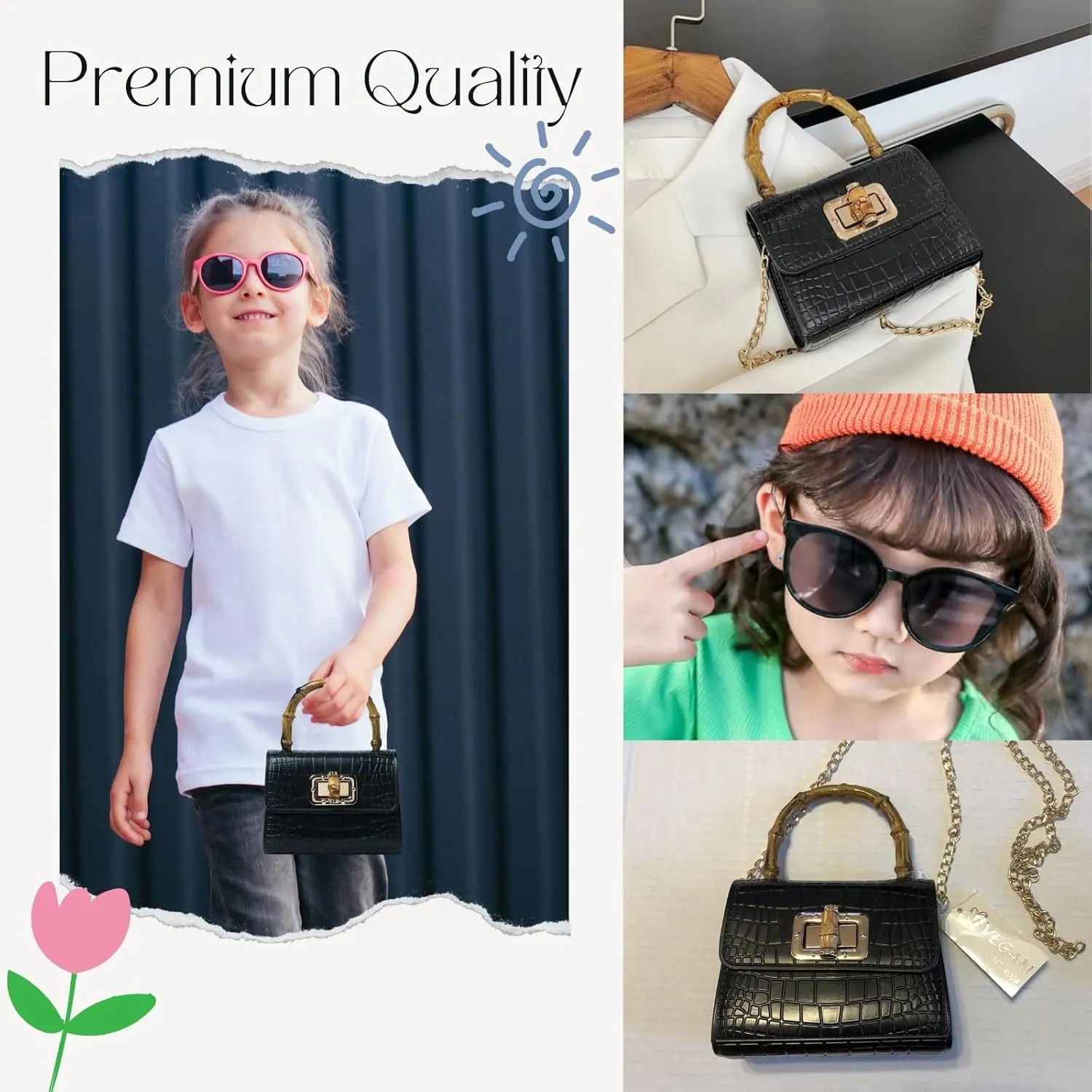 Mini Bamboo Handle Kids Purse: Crocodile Leather Pattern Toddler Handbag, Multiple Colour, with Sunglasses Option