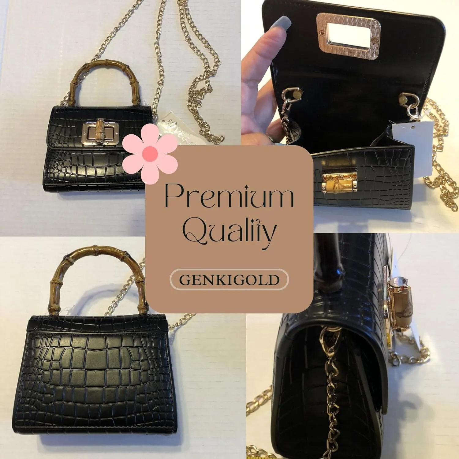 Mini Bamboo Handle Kids Purse: Crocodile Leather Pattern Toddler Handbag, Multiple Colour, with Sunglasses Option