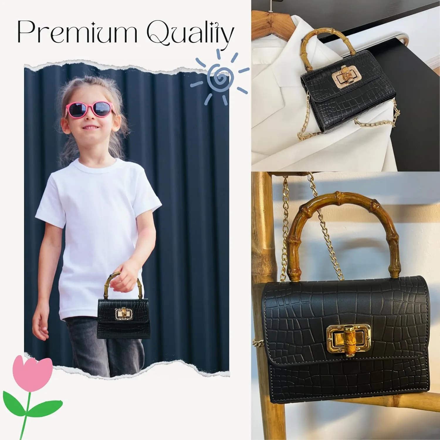 Mini Bamboo Handle Kids Purse: Crocodile Leather Pattern Toddler Handbag, Multiple Colour, with Sunglasses Option