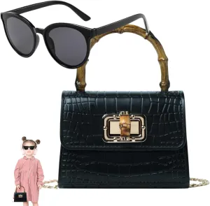 Mini Bamboo Handle Kids Purse: Crocodile Leather Pattern Toddler Handbag, Multiple Colour, with Sunglasses Option