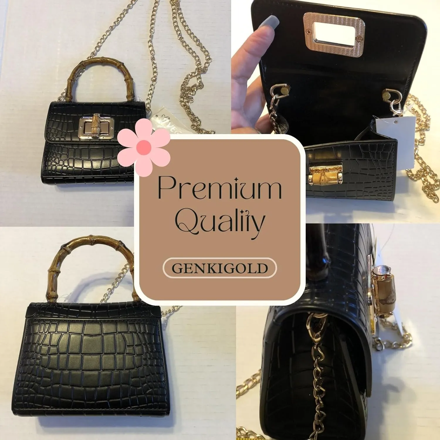 Mini Bamboo Handle Kids Purse: Crocodile Leather Pattern Toddler Handbag, Multiple Colour, with Sunglasses Option