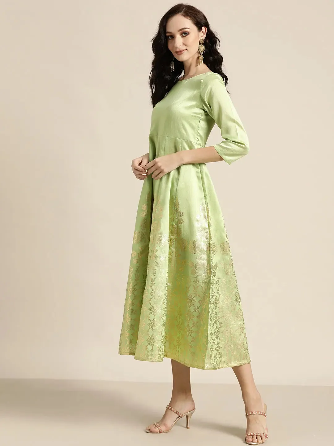 Mint Green Foil Print Anarkali Maxi Dress