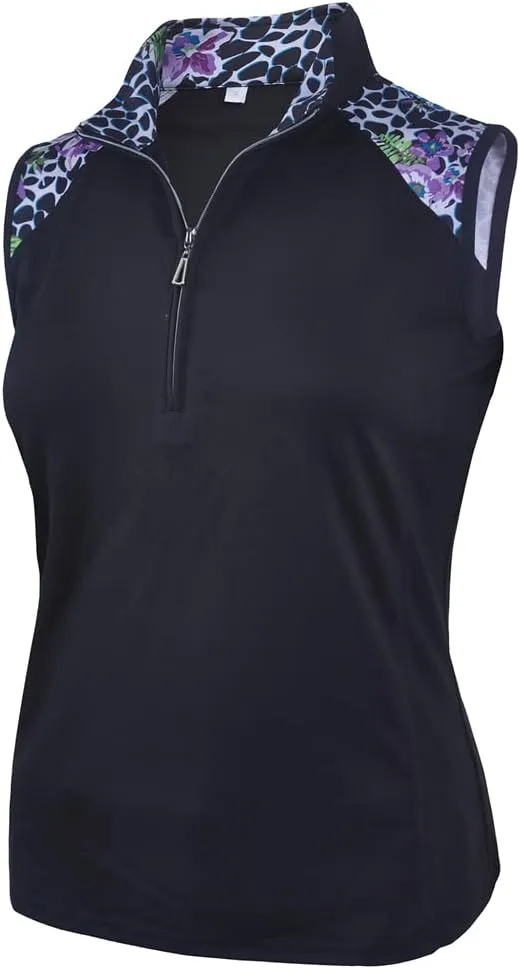 Monterey Club Women's Botanical Print Contrast Sleeveless Golf Top #2607