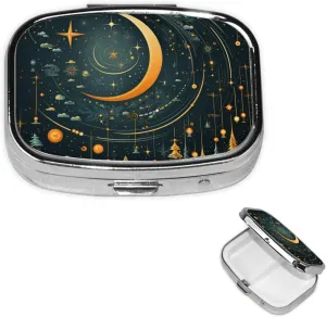 Moon Star Diagram Pattern Pill Box Round Pill Case for Pocket Purse 2 Compartment Medicine Pill Organizer Cute Portable Travel Pillbox Vitamin Cod Liver Oil Storage Box Unique Gift Organizer