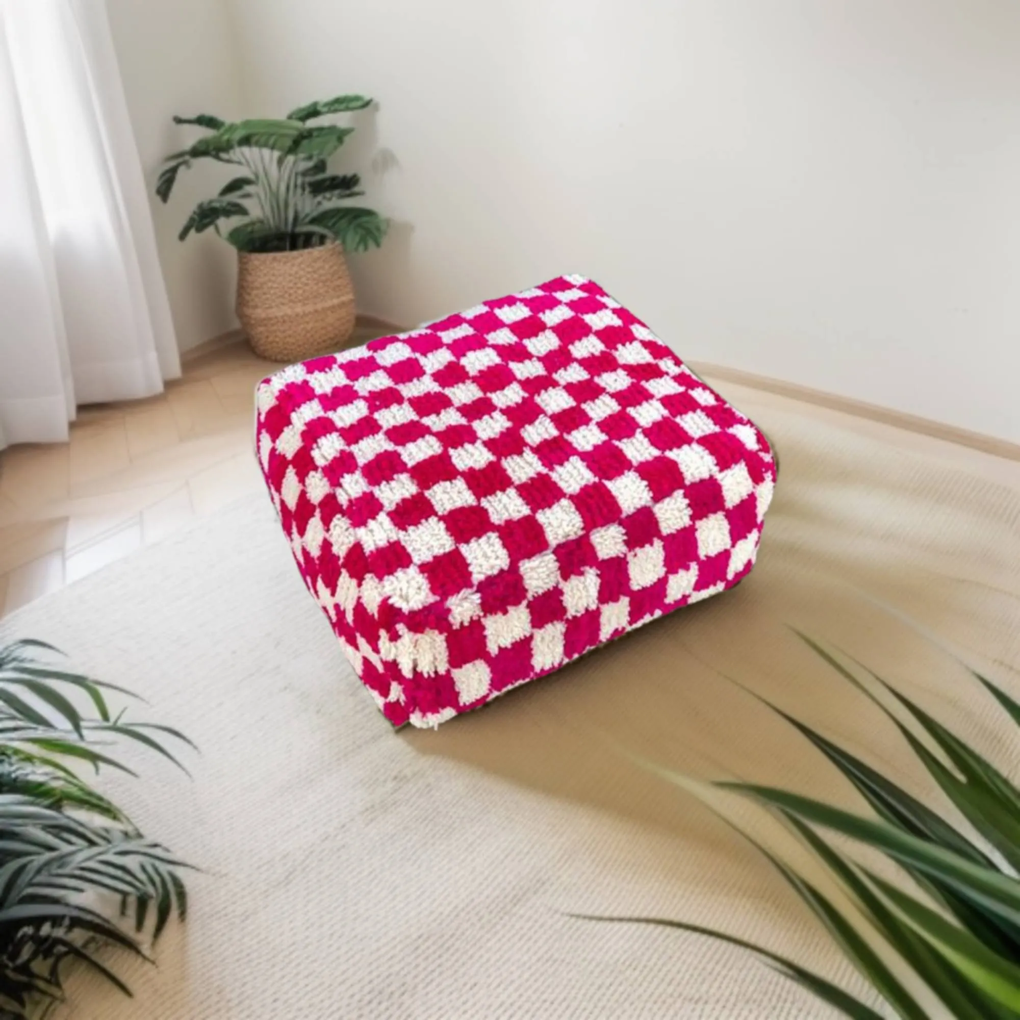Moroccan Berber Checkered Wool Square Pouf