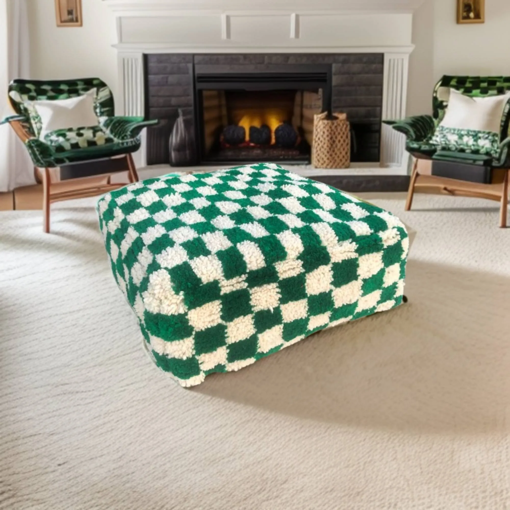 Moroccan Berber Checkered Wool Square Pouf