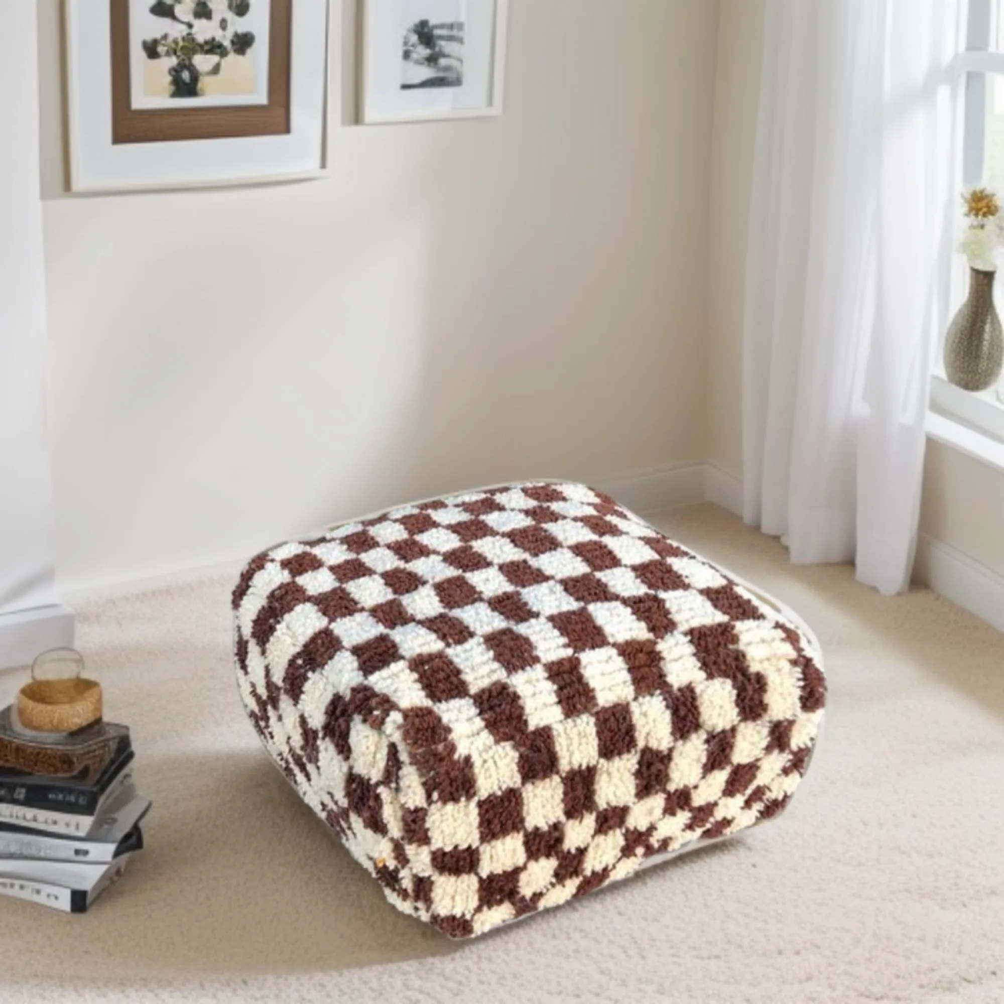 Moroccan Berber Checkered Wool Square Pouf