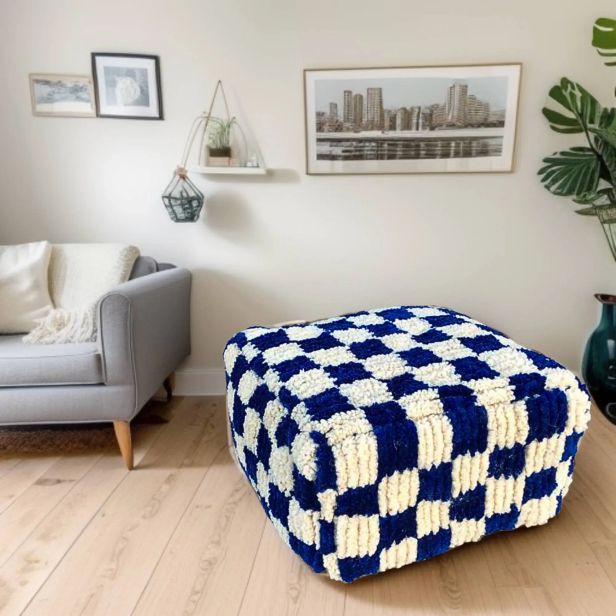 Moroccan Berber Checkered Wool Square Pouf