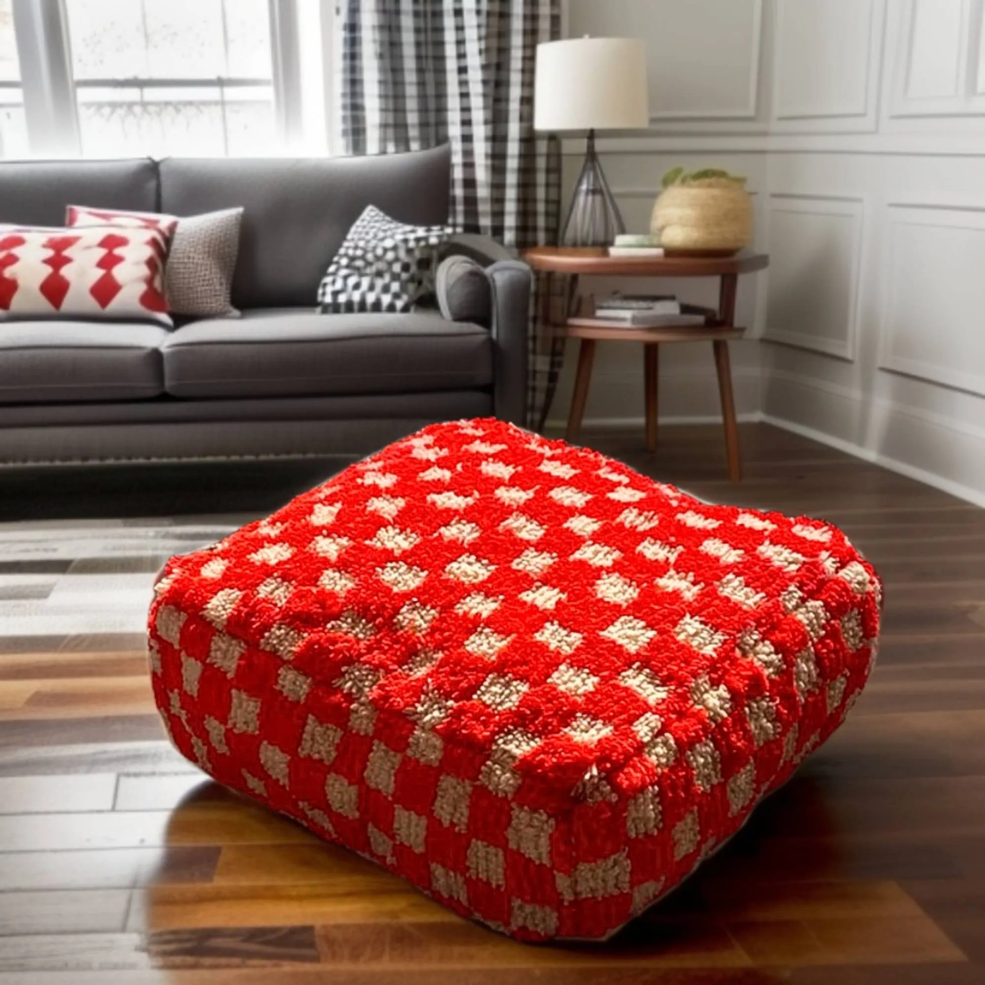 Moroccan Berber Checkered Wool Square Pouf