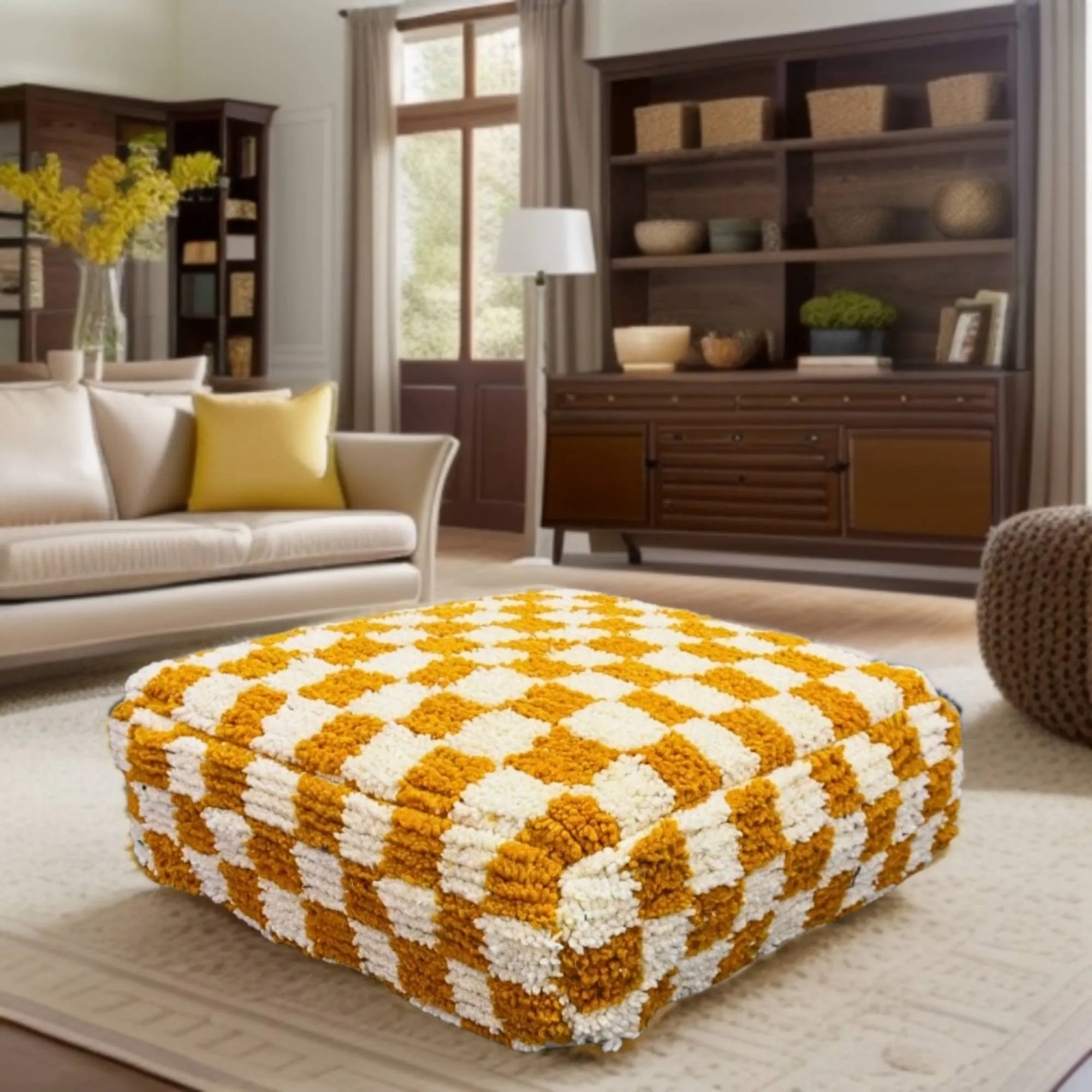 Moroccan Berber Checkered Wool Square Pouf