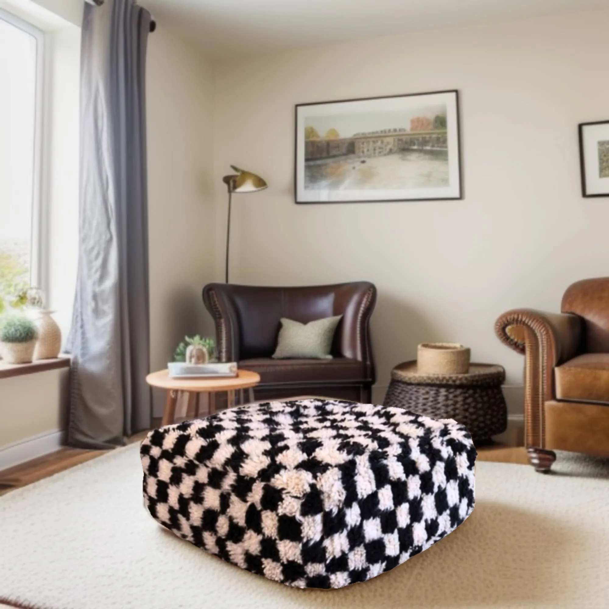 Moroccan Berber Checkered Wool Square Pouf
