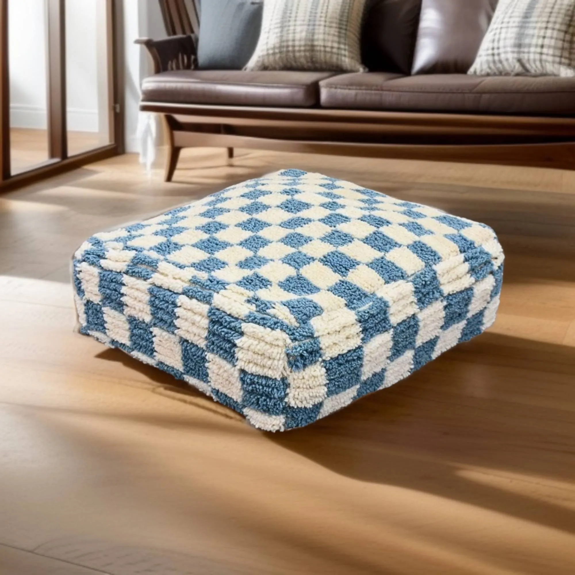 Moroccan Berber Checkered Wool Square Pouf