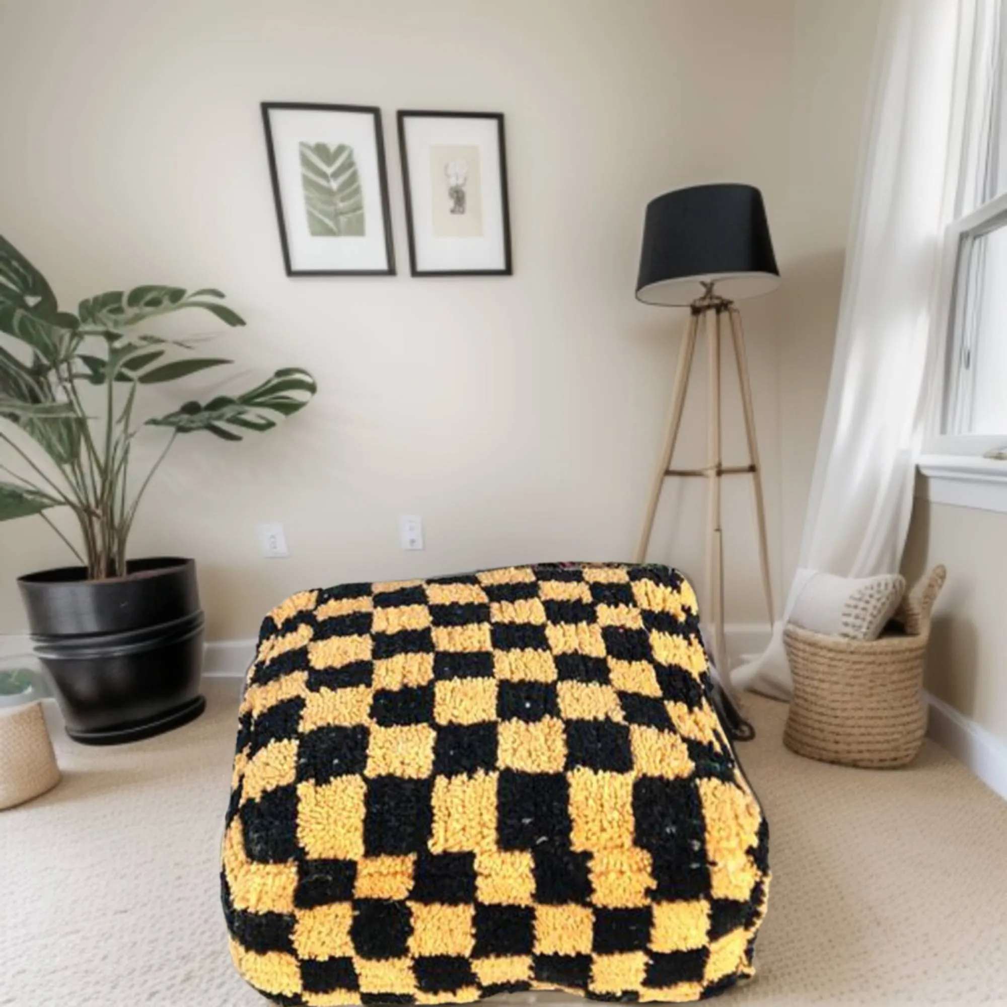 Moroccan Berber Checkered Wool Square Pouf