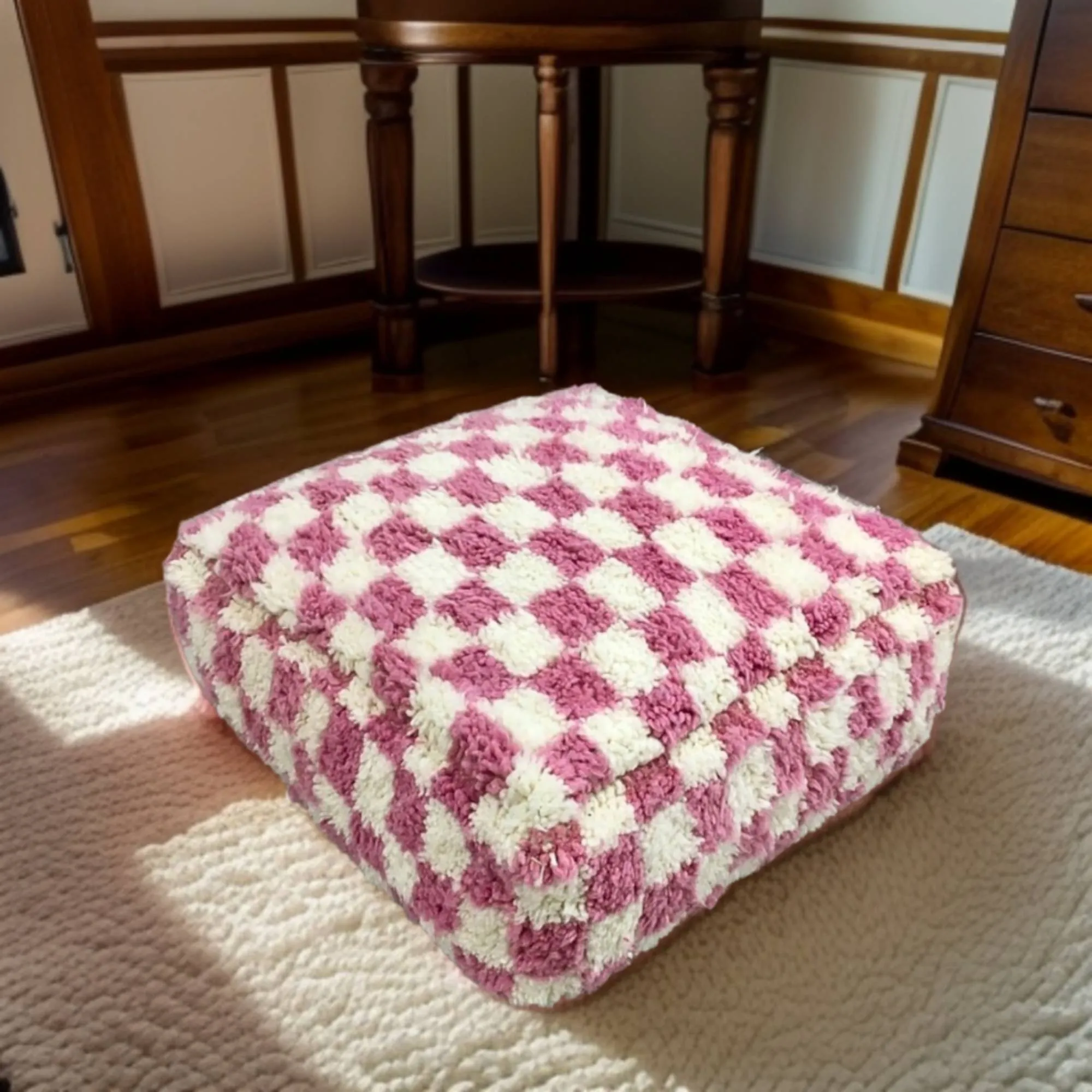 Moroccan Berber Checkered Wool Square Pouf