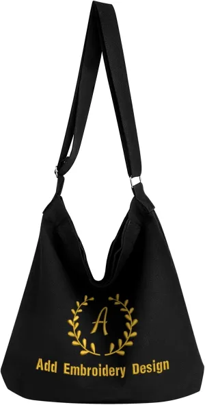 Muka Custom Embroidered Hobo Bag, Black Canvas Shoulder Bag Crossbody Bag with Logo Text