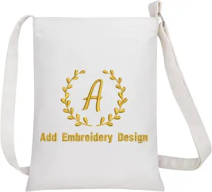 Muka Custom Embroideried Small Crossbody Hobo Bag with Name Text, 7 x 9 Inch White Canvas Zipper Handbag