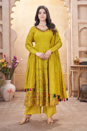 Mustard Color Art Silk Foil Print Readymade Palazzo Salwar Suit