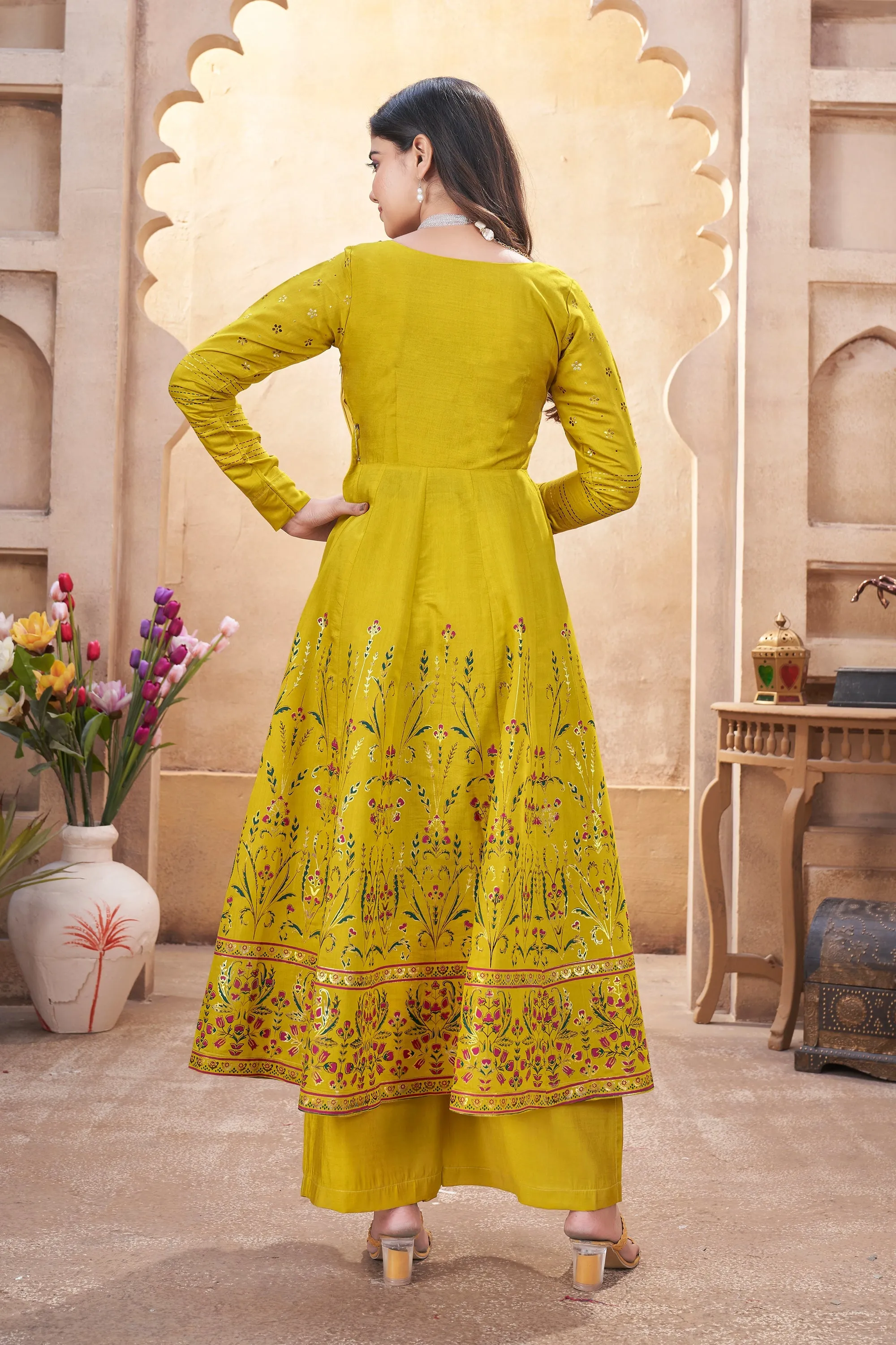 Mustard Color Art Silk Foil Print Readymade Palazzo Salwar Suit