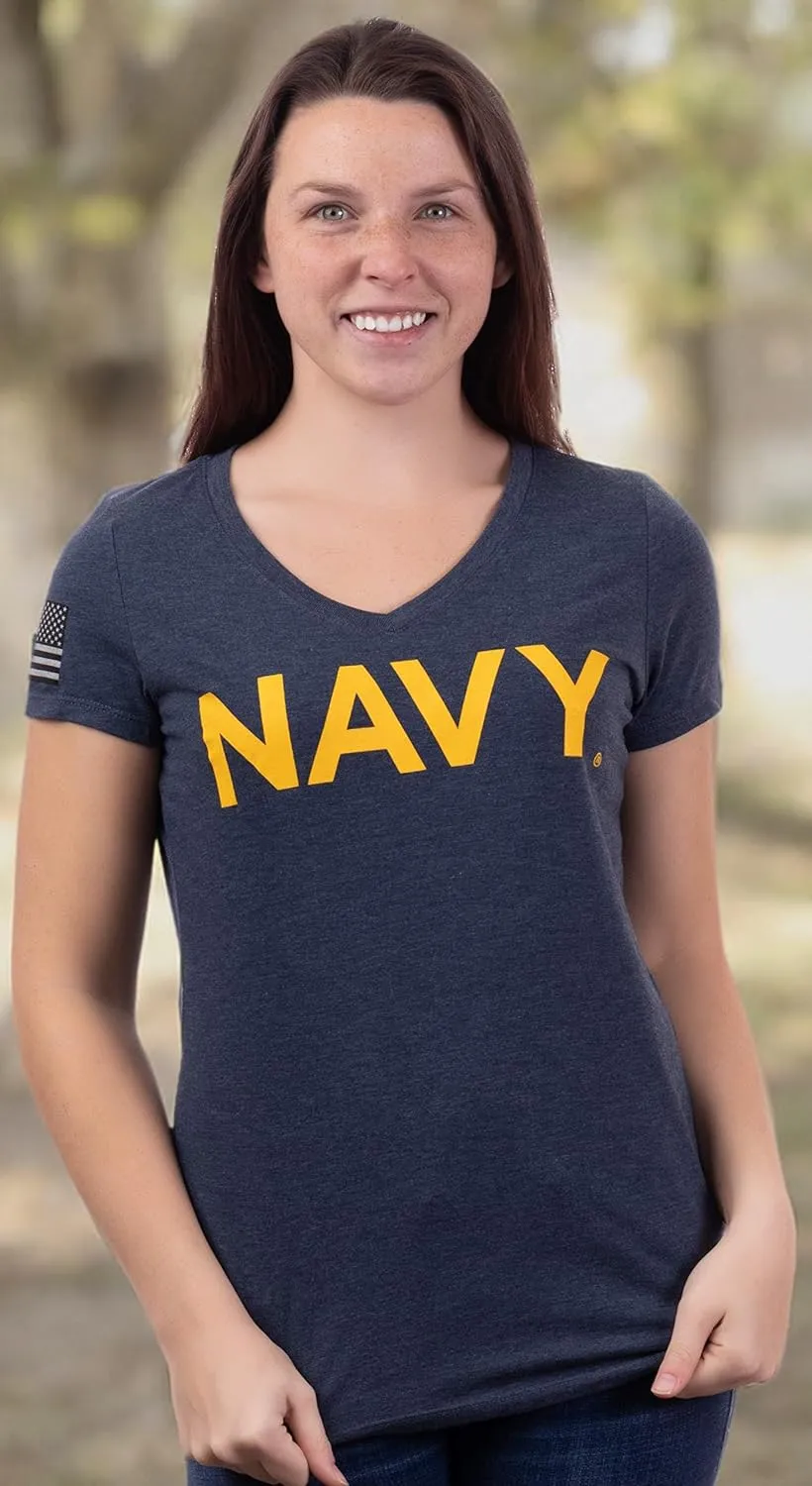 Navy Chest Print & U.S. Military Sleeve Flag | Naval Veteran Sailor Women's V-Neck Shirt