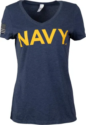Navy Chest Print & U.S. Military Sleeve Flag | Naval Veteran Sailor Women's V-Neck Shirt