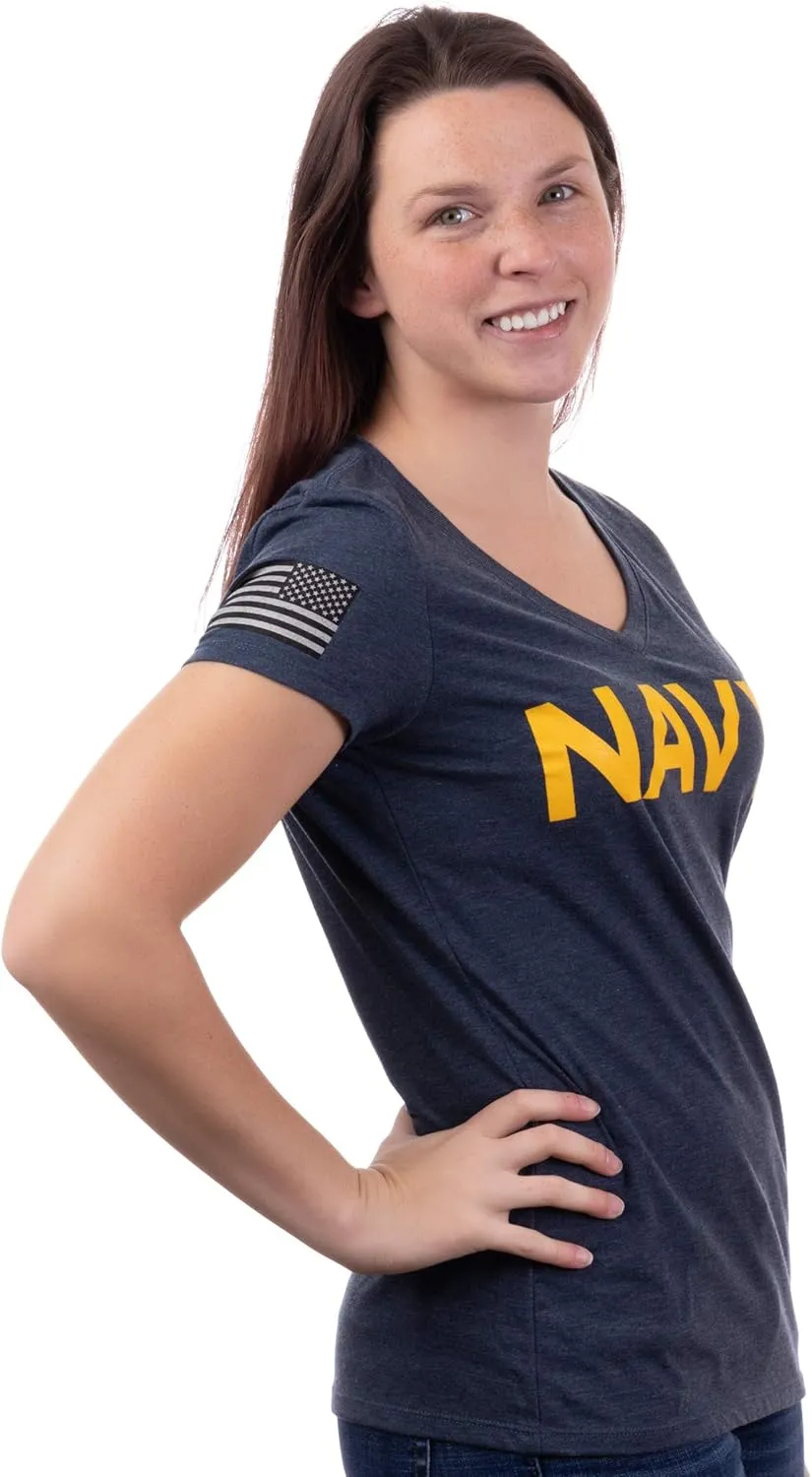 Navy Chest Print & U.S. Military Sleeve Flag | Naval Veteran Sailor Women's V-Neck Shirt