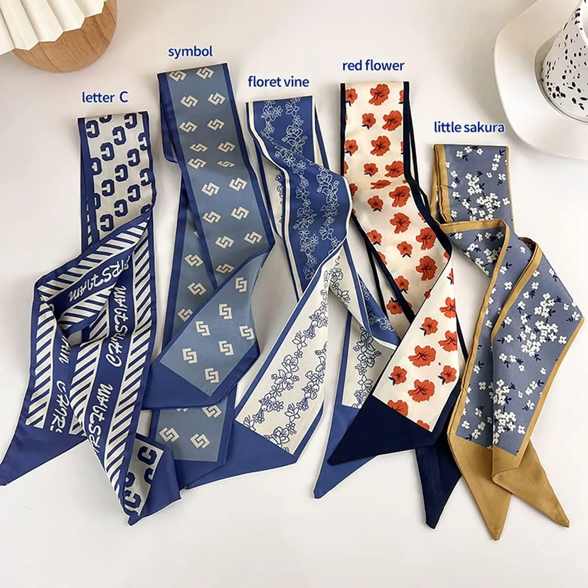 NCDUANSAN Retro small silk scarf girl heart spring and summer narrow ribbon headband headband bag long scarf headdress