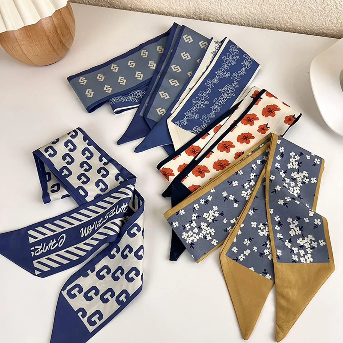 NCDUANSAN Retro small silk scarf girl heart spring and summer narrow ribbon headband headband bag long scarf headdress