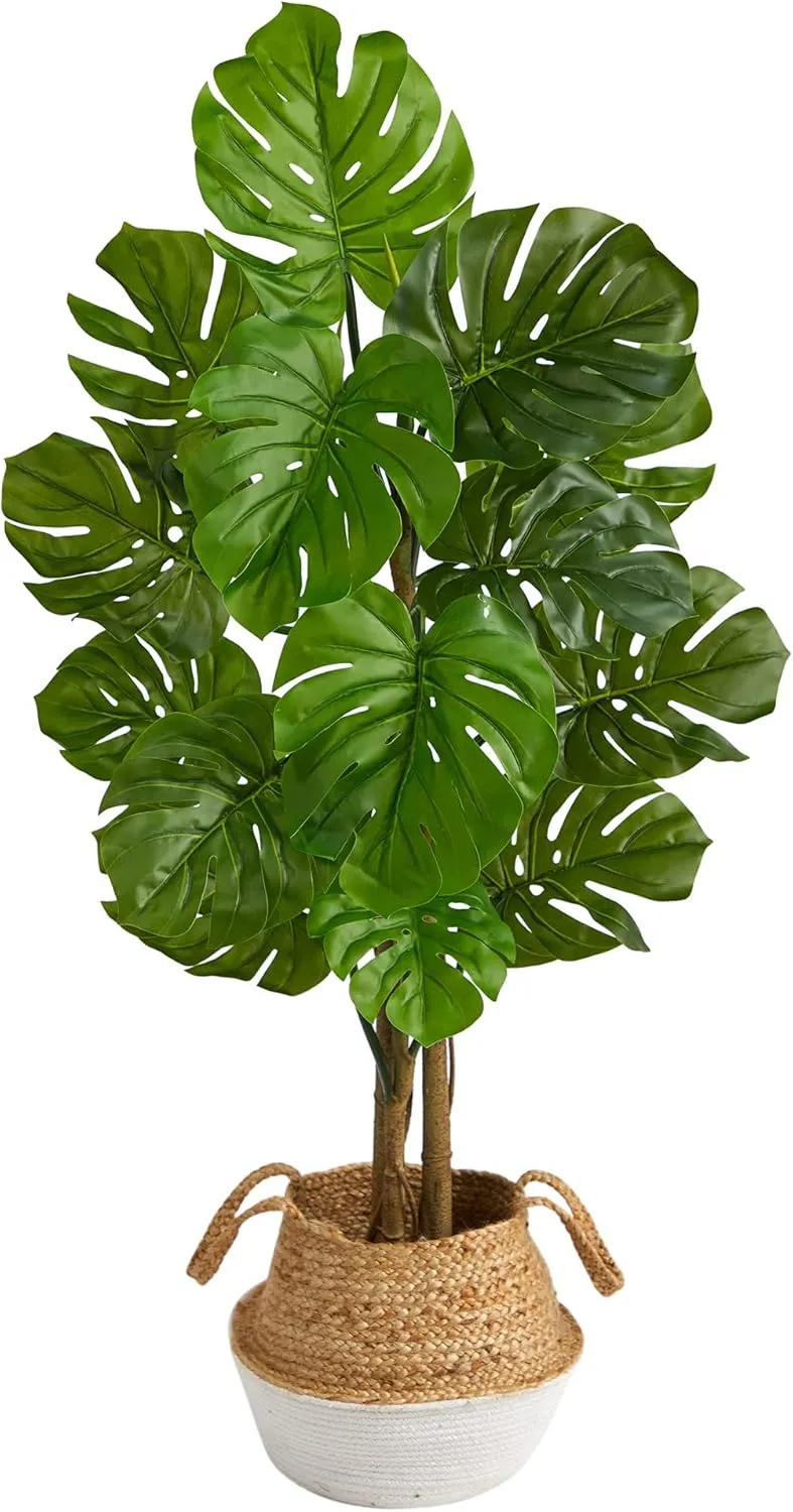 Nearly Natural 4ft. Monstera Artificial Tree in Boho Chic Handmade Cotton & Jute White Woven Planter UV Resistant (Indoor/Outdoor)