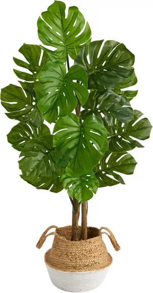 Nearly Natural 4ft. Monstera Artificial Tree in Boho Chic Handmade Cotton & Jute White Woven Planter UV Resistant (Indoor/Outdoor)