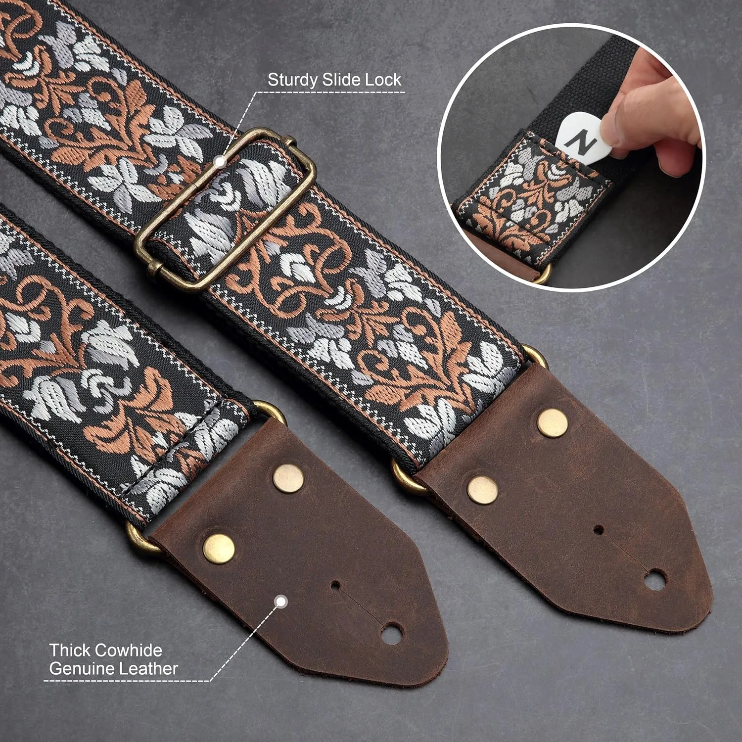 Nefelibata Guitar Strap,Jacquard Embroidery Cotton Guitar Straps with Crazy Horse Leather Ends for Bass, Electric & Acoustic, Best Gifts for Kids, Guitarists(Retro Brown Flower)