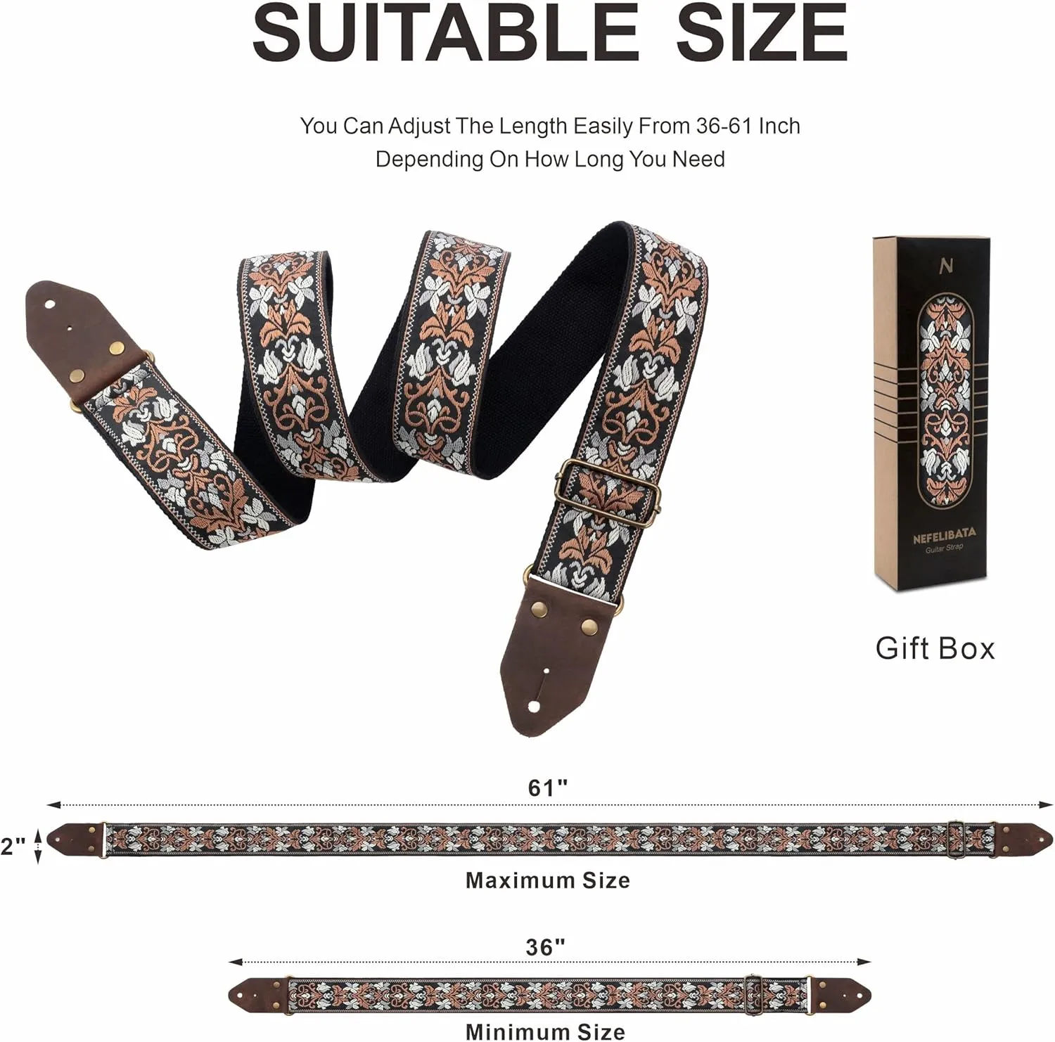 Nefelibata Guitar Strap,Jacquard Embroidery Cotton Guitar Straps with Crazy Horse Leather Ends for Bass, Electric & Acoustic, Best Gifts for Kids, Guitarists(Retro Brown Flower)