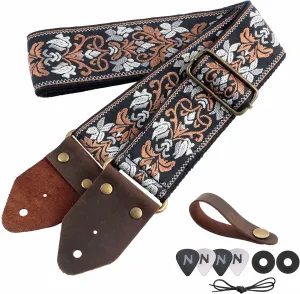 Nefelibata Guitar Strap,Jacquard Embroidery Cotton Guitar Straps with Crazy Horse Leather Ends for Bass, Electric & Acoustic, Best Gifts for Kids, Guitarists(Retro Brown Flower)