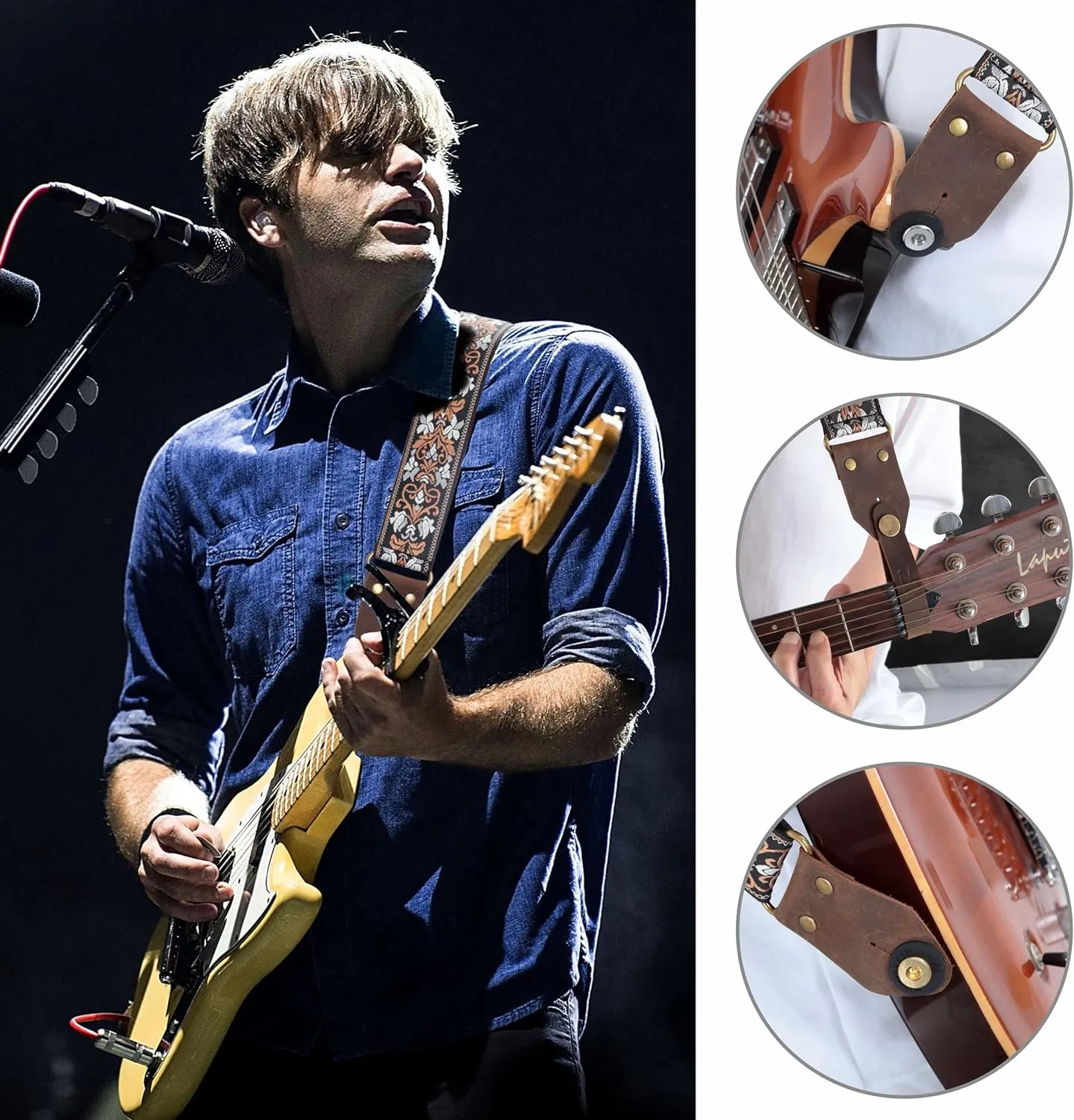 Nefelibata Guitar Strap,Jacquard Embroidery Cotton Guitar Straps with Crazy Horse Leather Ends for Bass, Electric & Acoustic, Best Gifts for Kids, Guitarists(Retro Brown Flower)