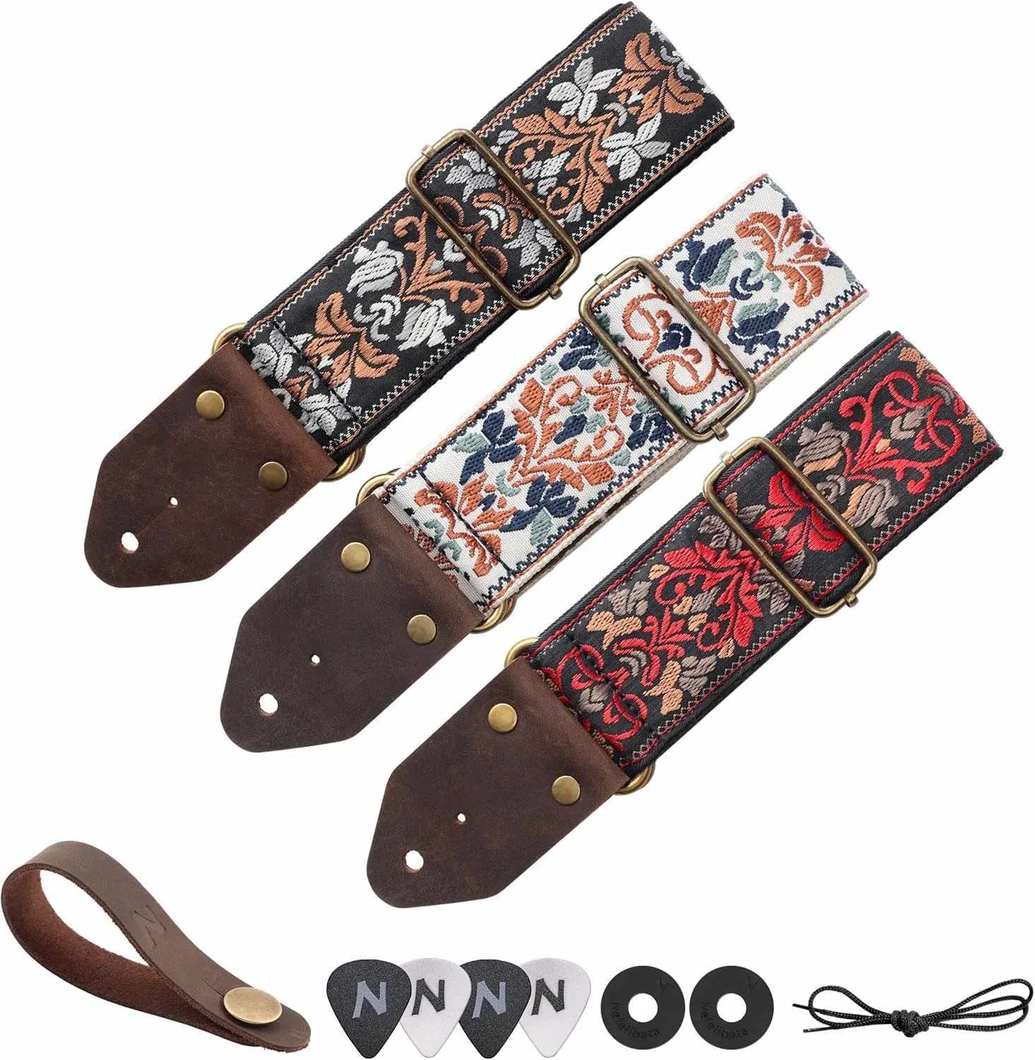 Nefelibata Guitar Strap,Jacquard Embroidery Cotton Guitar Straps with Crazy Horse Leather Ends for Bass, Electric & Acoustic, Best Gifts for Kids, Guitarists(Retro Brown Flower)