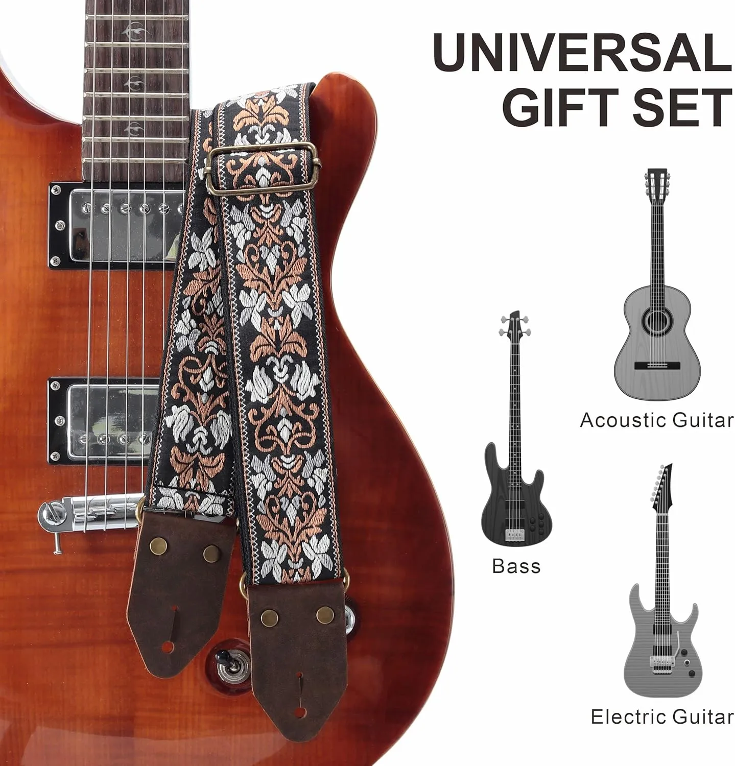 Nefelibata Guitar Strap,Jacquard Embroidery Cotton Guitar Straps with Crazy Horse Leather Ends for Bass, Electric & Acoustic, Best Gifts for Kids, Guitarists(Retro Brown Flower)