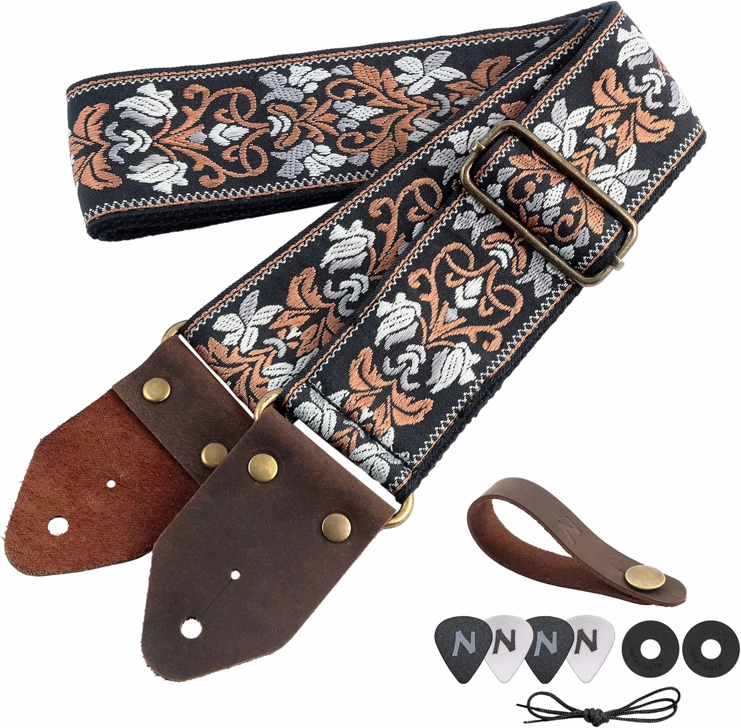 Nefelibata Guitar Strap,Jacquard Embroidery Cotton Guitar Straps with Crazy Horse Leather Ends for Bass, Electric & Acoustic, Best Gifts for Kids, Guitarists(Retro Brown Flower)