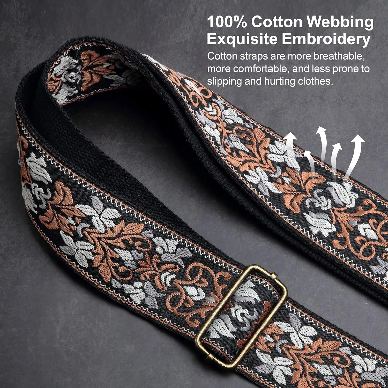 Nefelibata Guitar Strap,Jacquard Embroidery Cotton Guitar Straps with Crazy Horse Leather Ends for Bass, Electric & Acoustic, Best Gifts for Kids, Guitarists(Retro Brown Flower)