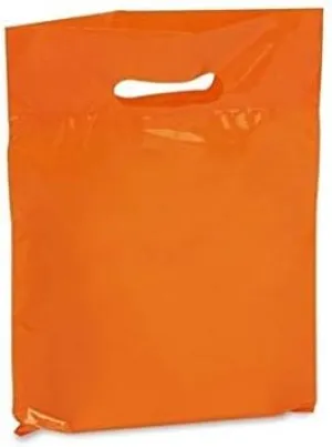 New - Extra Thick 1.5mil - 50 Glossy Merchandise Bags, Retail Shopping Bags, 9" X 12" with Die Cut Reinforced 3" Fold Over Handle, No Gusset (Orange)