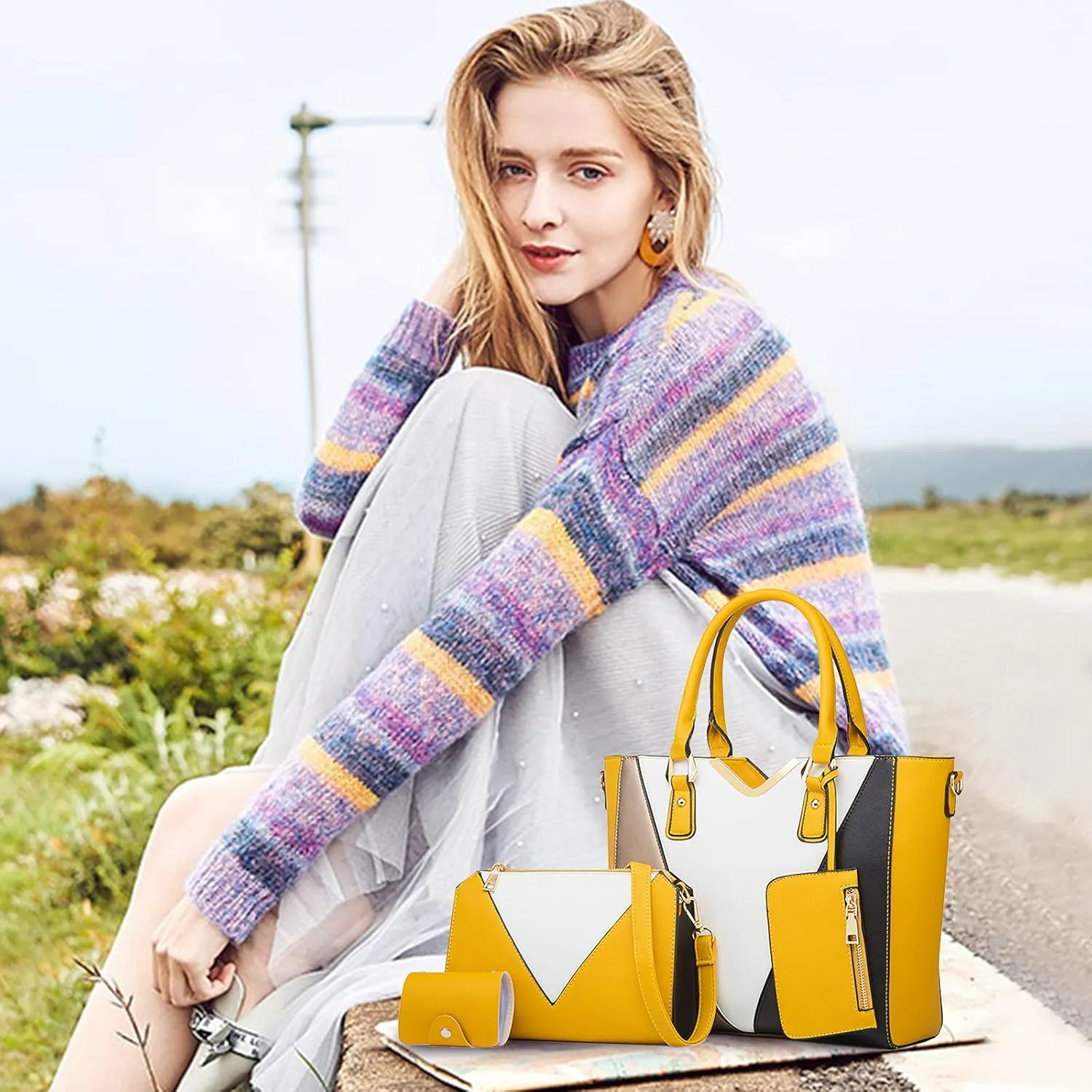 NICOLE & DORIS Women Handbags Fashion Colour Block Shoulder Bag Large Tote Bags Crossbody Bag Clutch Bags 4-in-1 Set Bag