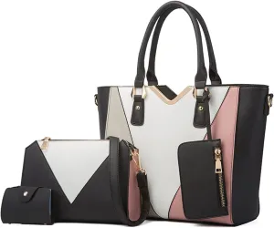 NICOLE & DORIS Women Handbags Fashion Colour Block Shoulder Bag Large Tote Bags Crossbody Bag Clutch Bags 4-in-1 Set Bag
