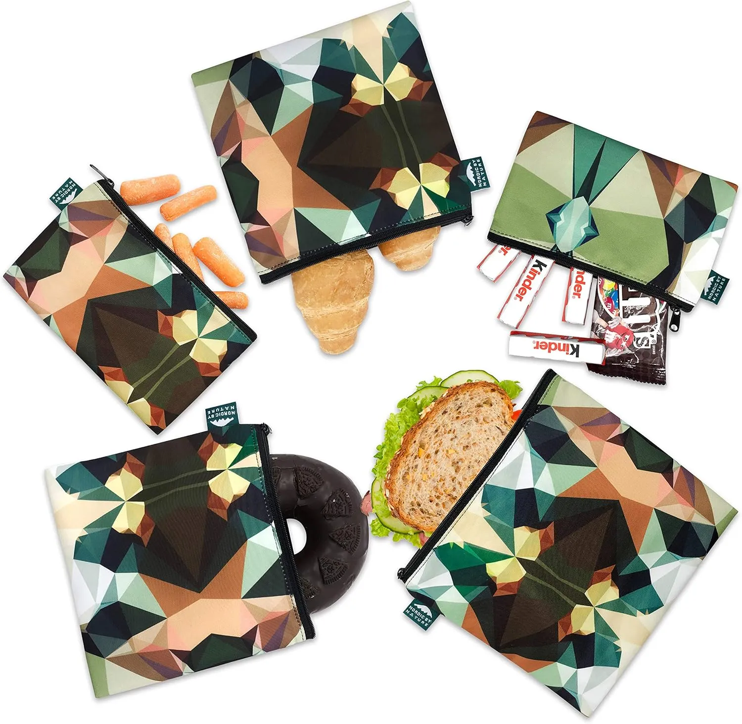 Nordic By Nature Reusable Sandwich Bag Snack Bags - Value Pack of 5 Dual Layer Lunch Baggies - Dishwasher Safe - Eco Friendly Cloth Wraps - Easy Open Zipper (Mosaic Camo)