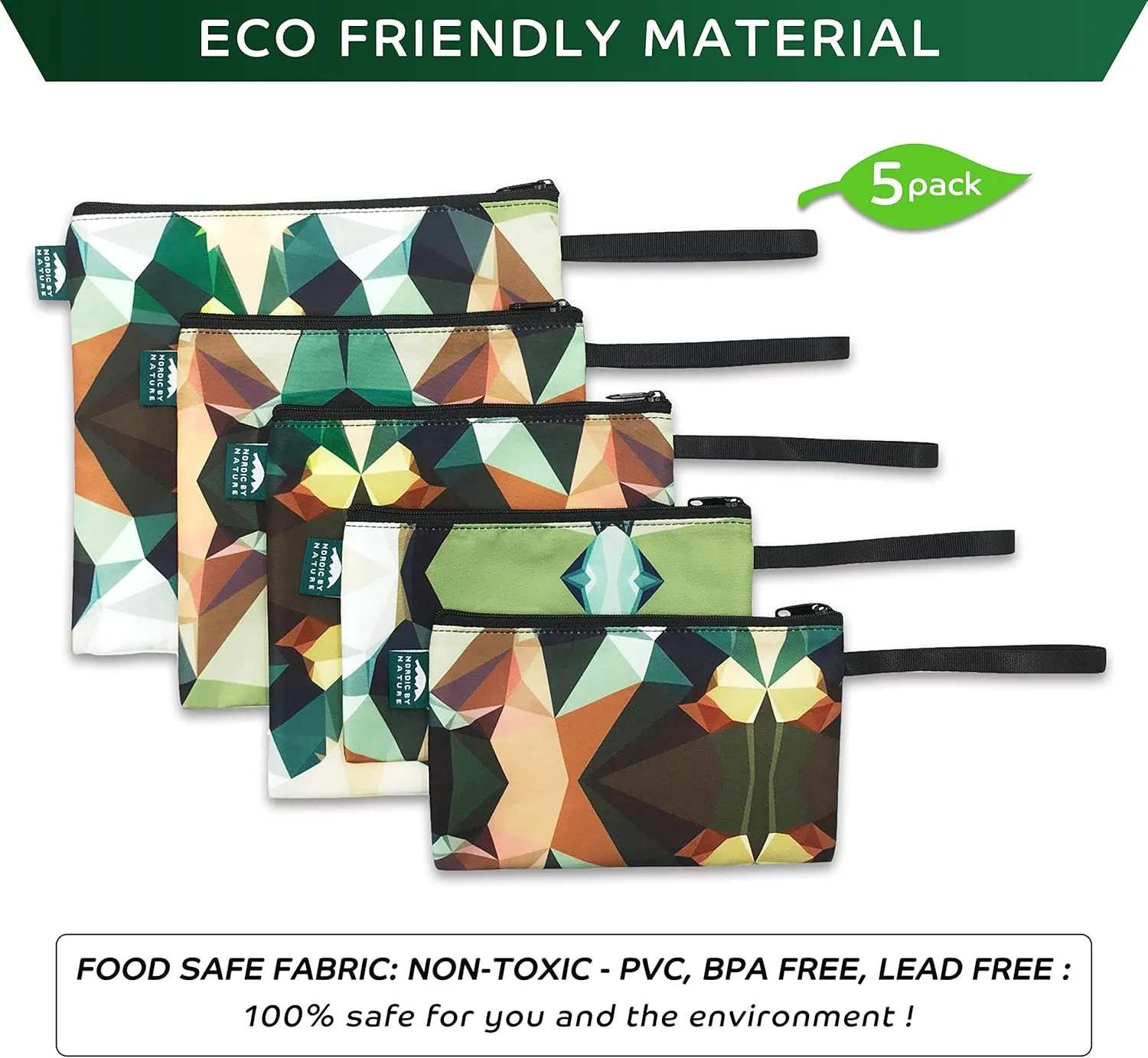 Nordic By Nature Reusable Sandwich Bag Snack Bags - Value Pack of 5 Dual Layer Lunch Baggies - Dishwasher Safe - Eco Friendly Cloth Wraps - Easy Open Zipper (Mosaic Camo)