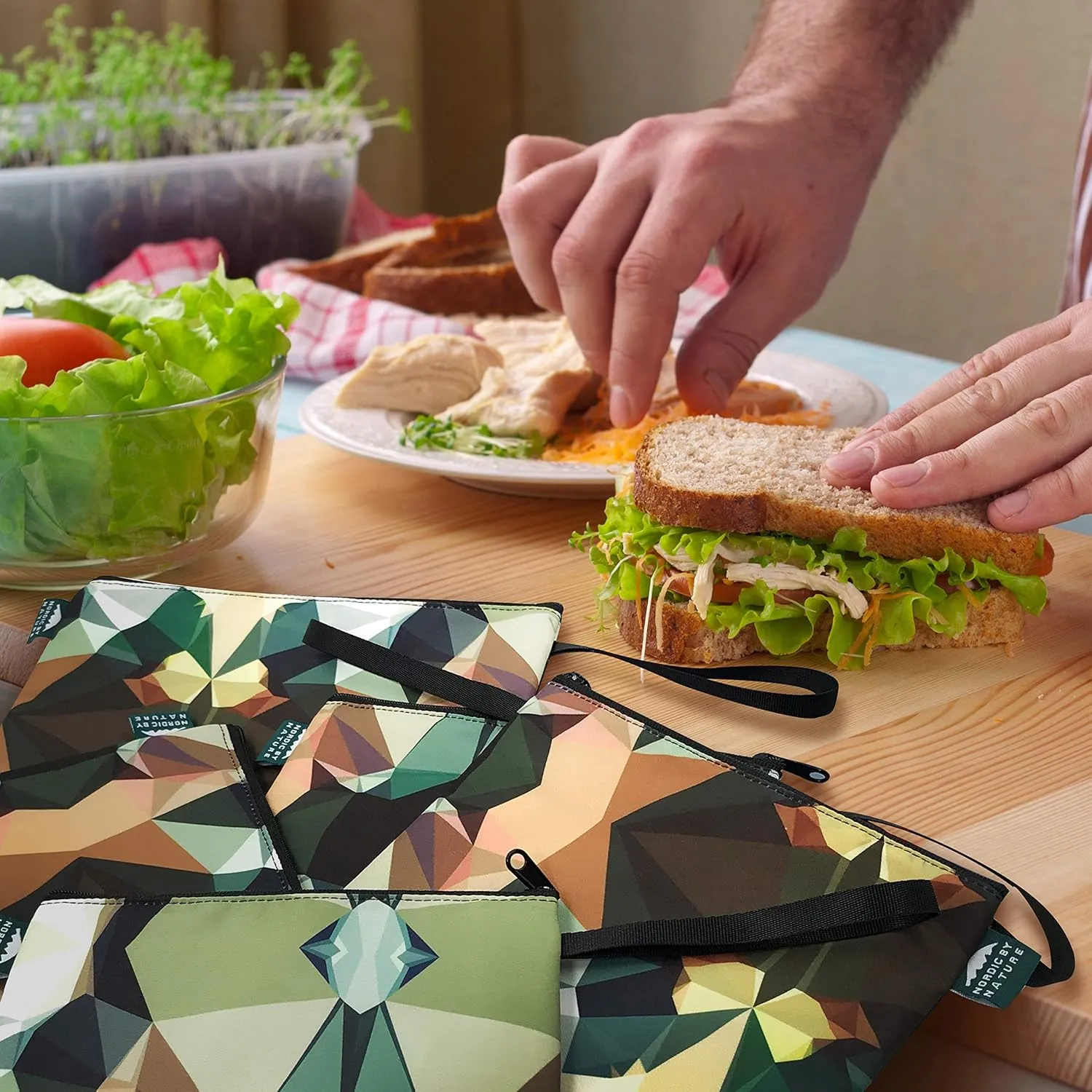 Nordic By Nature Reusable Sandwich Bag Snack Bags - Value Pack of 5 Dual Layer Lunch Baggies - Dishwasher Safe - Eco Friendly Cloth Wraps - Easy Open Zipper (Mosaic Camo)