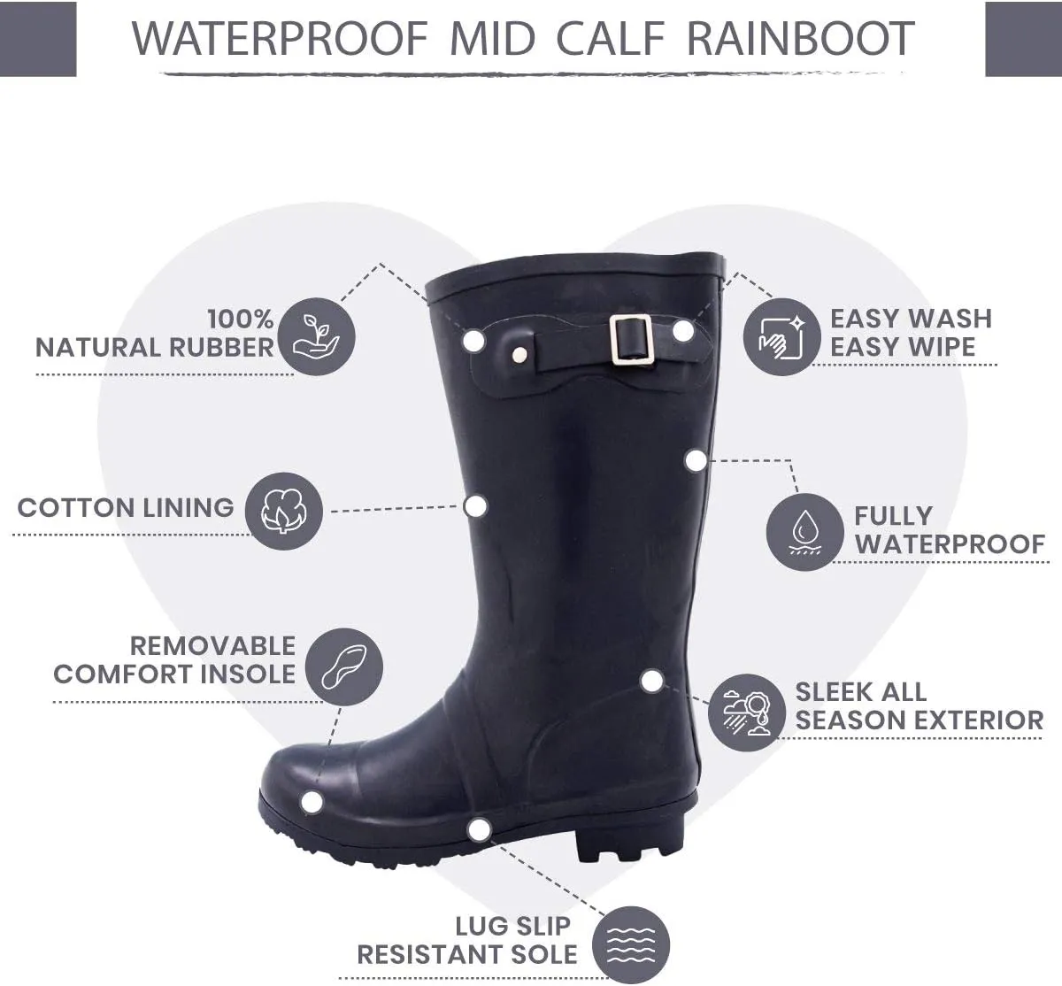 NORTY Women's Hurricane Rain Boots - Mid-Calf Length - Glossy Matte Waterproof Rubber Shoes