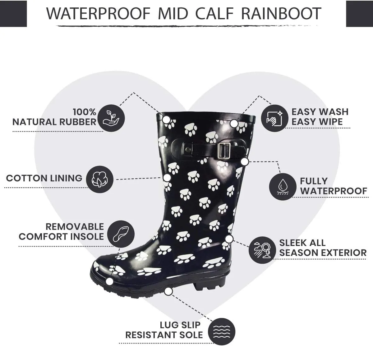 NORTY Women's Hurricane Rain Boots - Mid-Calf Length - Glossy Matte Waterproof Rubber Shoes