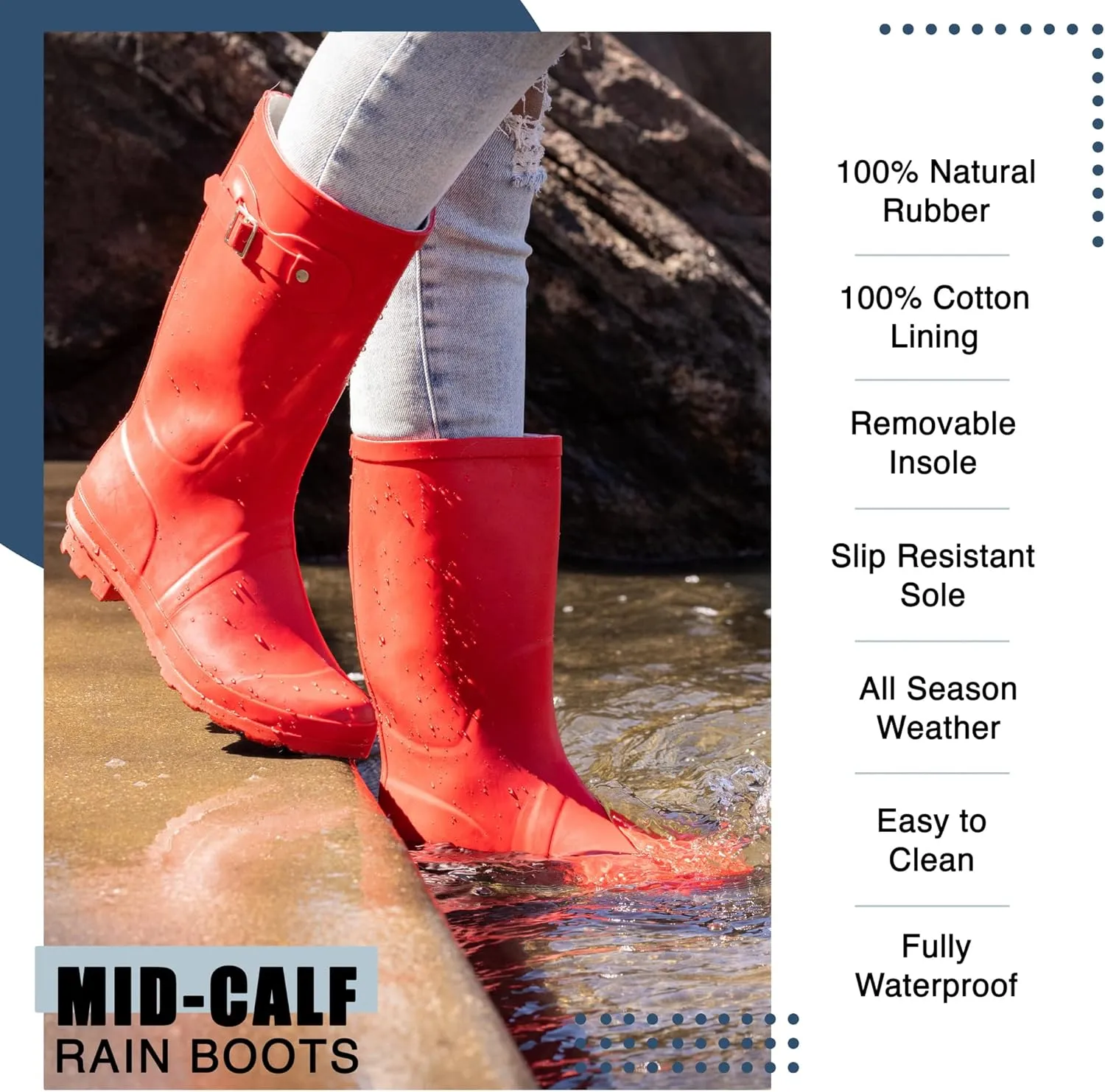 NORTY Women's Hurricane Rain Boots - Mid-Calf Length - Glossy Matte Waterproof Rubber Shoes