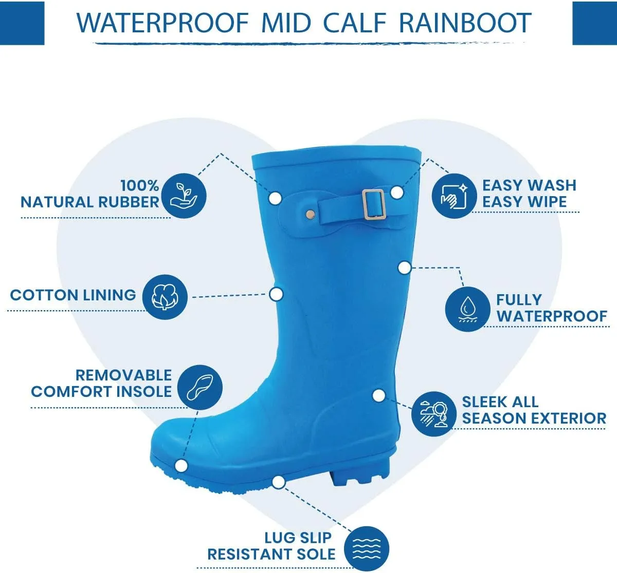 NORTY Women's Hurricane Rain Boots - Mid-Calf Length - Glossy Matte Waterproof Rubber Shoes